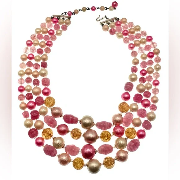 Vintage Signed Japan Multistrand Acrylic and Molded Glass Beaded Necklace MCM - Picture 4 of 9